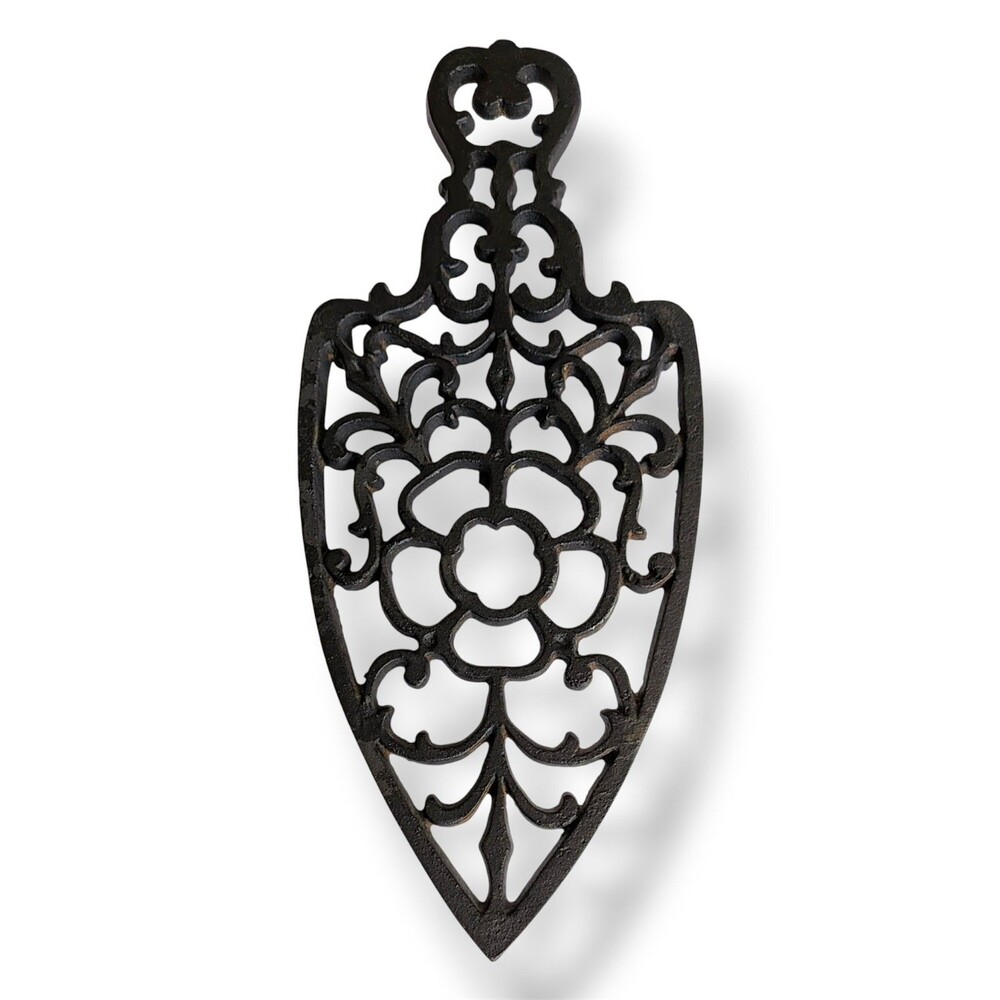 Vintage Cast Iron Trivet Tudor Rose Ornate Scroll Mid-Century Kitchen Wall Decor